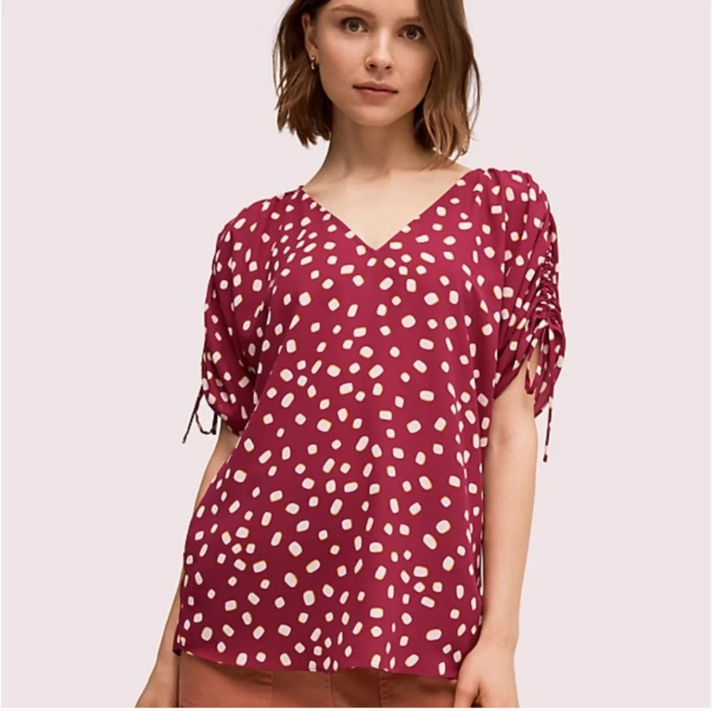 Kate Spade Women's Mallow Dot Ruched Sleeve In Beet Juice Color Blouse XS